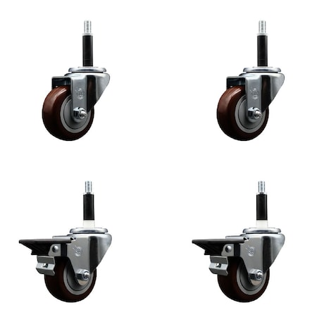 Service Caster 3'' Maroon Poly Wheel Swivel 3/4'' Expanding Stem Caster Set 2 Brakes, 4PK SCC-EX20S314-PPUB-MRN-2-PLB-2-34